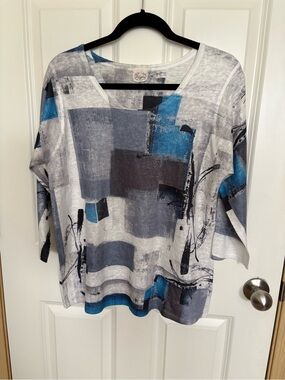 Relaxed Abstract Block Print Long Sleeve Top - Blue & Gray